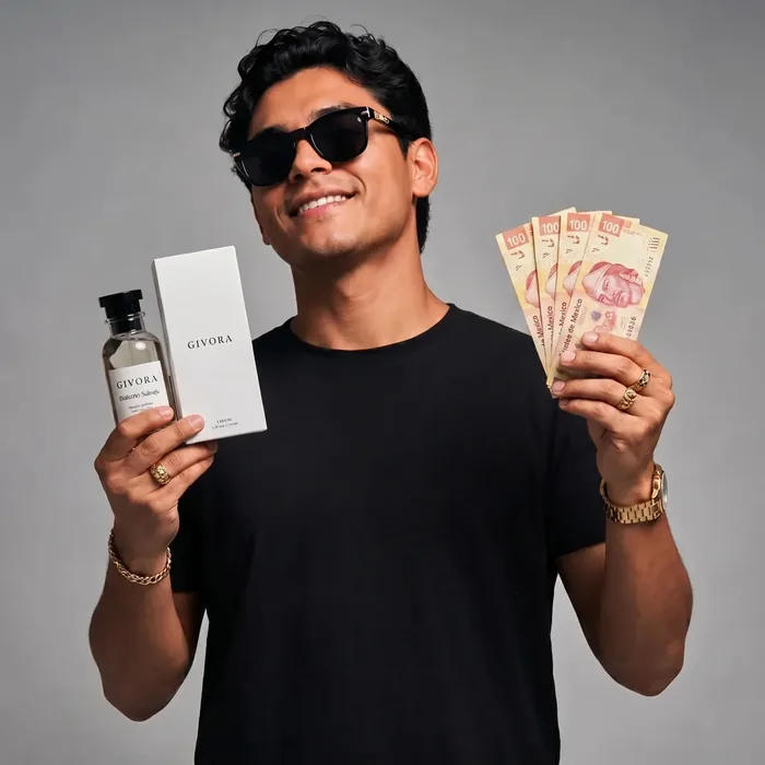 Hombre con perfume Givora y dinero en efectivo, simbolizando ahorro sin sacrificar lujo